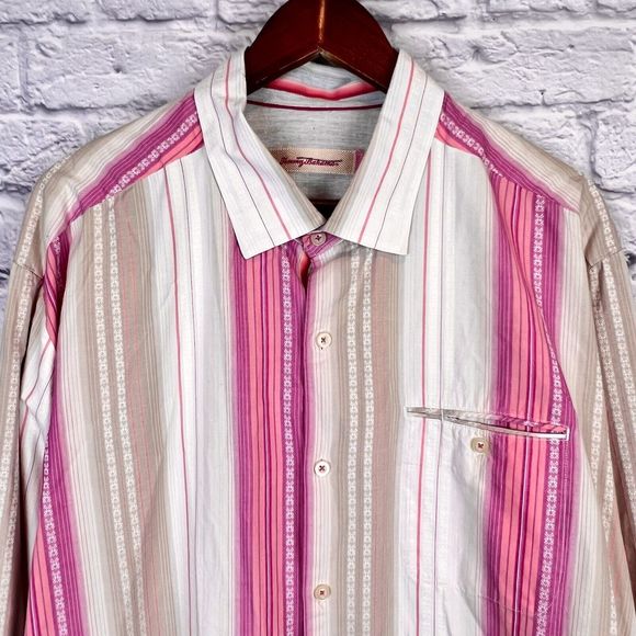 Tommy Bahama Mens‎ Button Up Gray Pink Striped Long Sleeve Silk Blend Shirt XLX - Picture 4 of 9